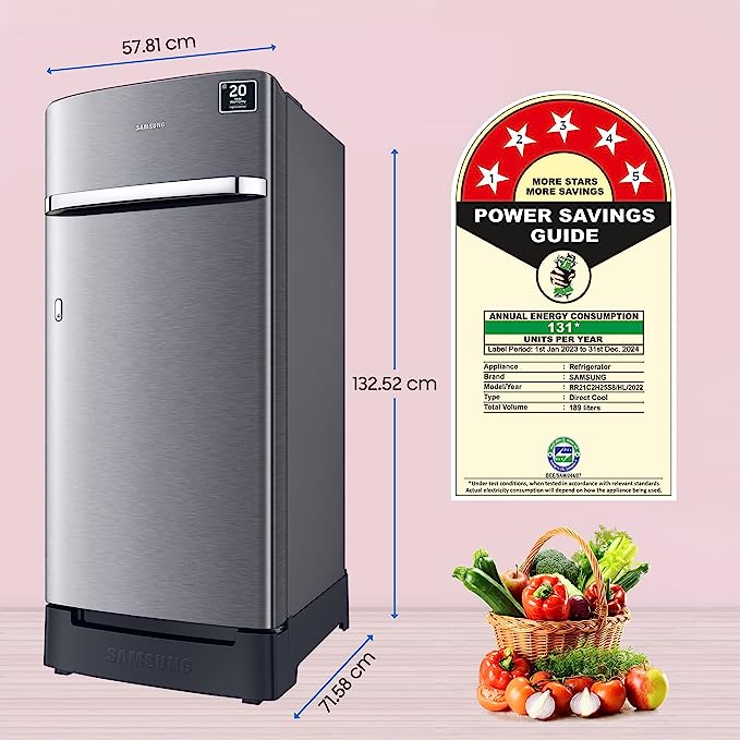 Samsung 189 L 5 Star Digital Inverter Direct Cool Single Door Refrigerator(RR21C2H25S8/HL, Silver, Elegant Inox, Base Stand with Drawer 2023 Model) Samsung 189 L 5 Star Digital Inverter Direct Cool Single Door Refrigerator(RR21C2H25S8/HL, Silver, Elegant Inox, Base Stand with Drawer 2023 Model)